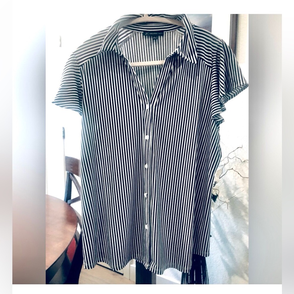 2 for $22 - ADRIANNA PAPELL Navy and White Vertical Stripe Button-Up Blouse